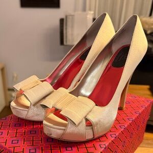 RSVP Cream Bow Peep-Toe Heels - Satin Wrap (Wedding Shoe)